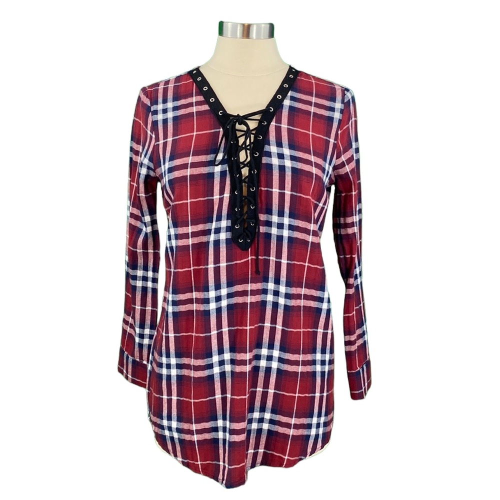 Windsor Burgundy Plaid Lace Up Tunic - Picture 1 of 13